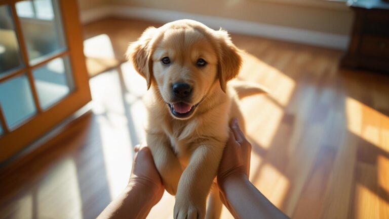 „Ein junger Golden Retriever Welpe sitzt in einem sonnendurchfluteten Raum auf einem Holzboden und schaut freundlich in die Kamera, während eine Person ihm sanft die Pfoten hält.“