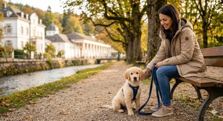Ein kleiner Golden Retriever Welpe sitzt entspannt an der Leine auf einem Parkweg in der herbstlichen Lichtentaler Allee in Baden-Baden, während eine junge Frau lächelnd neben ihm auf einer Bank sitzt.
