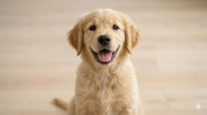 Ein freundlich in die Kamera blickender Golden Retriever Welpe für das Kennenlerngespräch im Welpenzentrum Kuppenheim.