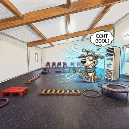 Eine humorvolle Karikatur in einer Hundetrainingshalle: Ein fröhlicher Hund mit Mütze und Schal sitzt vor einer mobilen Klimaanlage und genießt den kühlen Luftstrom, während er in einer Sprechblase 'ECHT COOL!' sagt. Die Trainingshalle ist mit Agility-Elementen wie Reifen, Paletten und einem Trampolin ausgestattet.