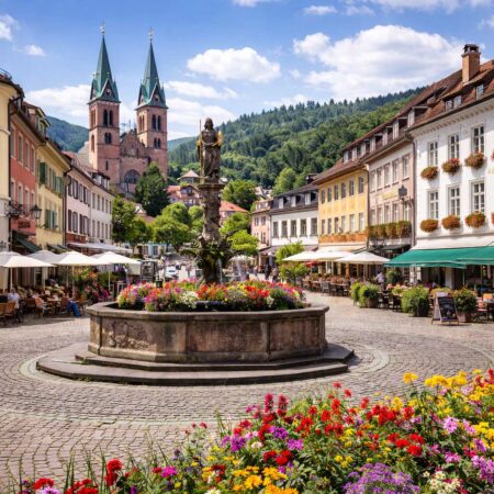 Bühl in Baden-Württemberg mit Blick auf die Innenstadt/Marktplatz und Schwarzwald-Hügel im Hintergrund – sonnige Stadtansicht.“