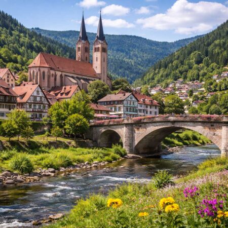 Forbach im Schwarzwald mit Steinbrücke über die Murg, Fachwerkhäusern und Kirche vor bewaldeten Hügeln
