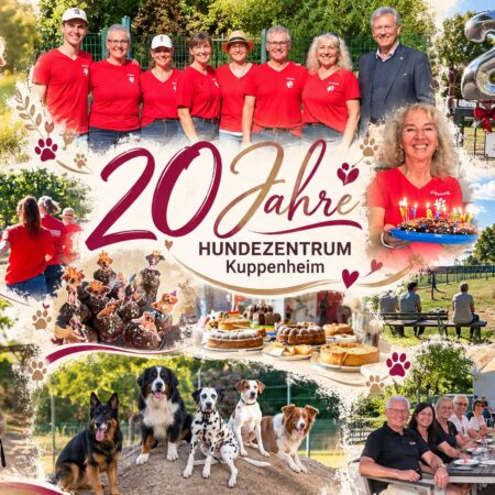 Collage zum 20-jährigen Jubiläum des Hundezentrums Kuppenheim mit Fotos des Teams, glücklichen Hunden, Kuchenbuffet, Trainingssituationen und Gästen.