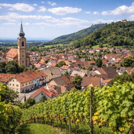 Malsch (Baden) – Blick auf den Ortskern mit Kirche, typischen Häusern und grünen Hügeln im Hintergrund bei sonnigem Wetter