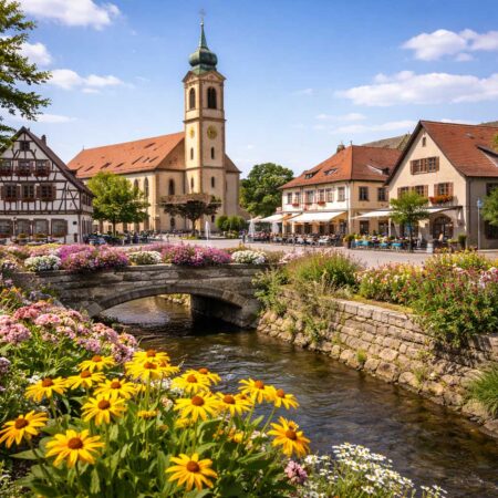 Muggensturm in Baden-Württemberg – Blick auf den Ortskern mit Kirche und typischen Häusern in der Rheinebene