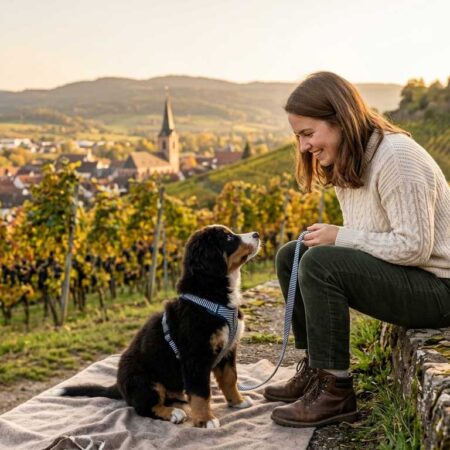 Ein kleiner Berner Sennenhund Welpe sitzt entspannt mit seiner Halterin auf einer Bank in den herbstlichen Weinbergen von Bühl. Im Hintergrund sind die Burg Windeck und die Stadt zu sehen.“